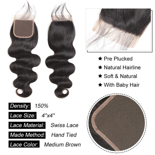 Human Hair Bundles with Closure (22 24 26+20，Free Part) Body Wave Bundles with Lace Closure Brazilian Human Hair Weave Bundles with Closure Virgin Hair Weft 150% Density Natural Color Find Your New Look Today!